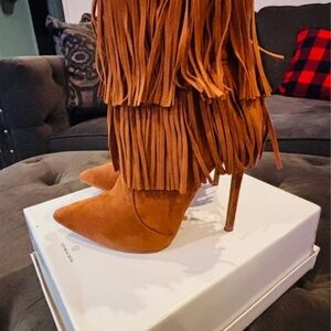Shoe Republic LA Tan Fringed Heeled Boots